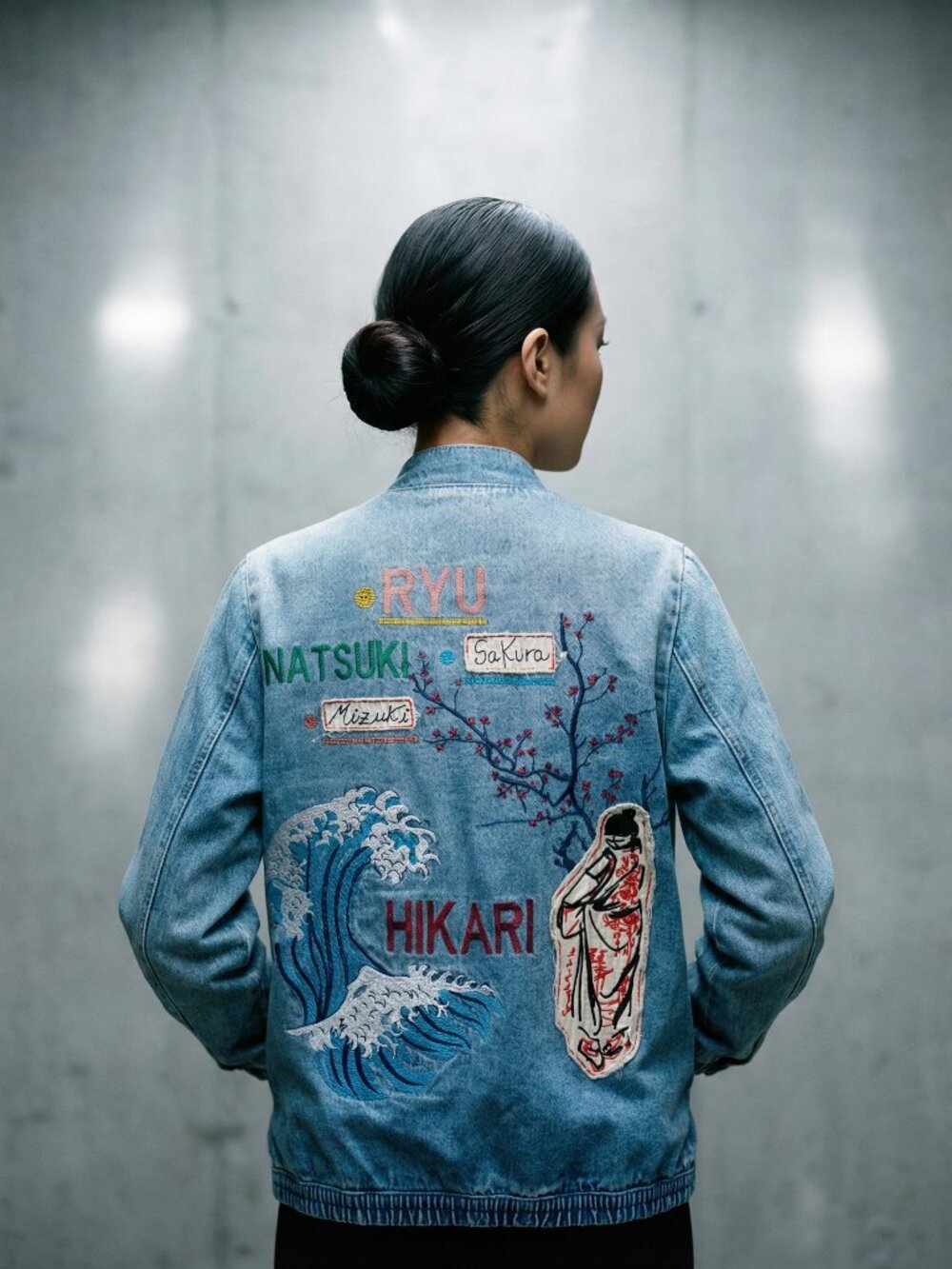 Zara Trafaluc Japanese Theme Embroidered Denim Bomber Jacket
